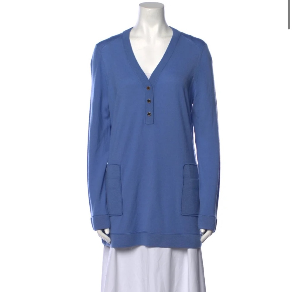 Tory Burch long blue sweater gold button v neck Large